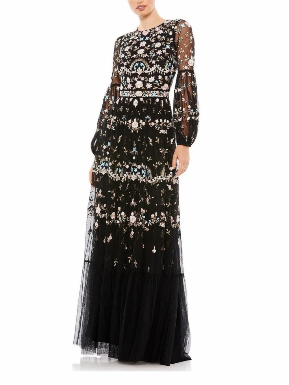 Mac Duggal 35111 Black Evening Gown Floral Embroidered Long Sleeve Dress Size 10